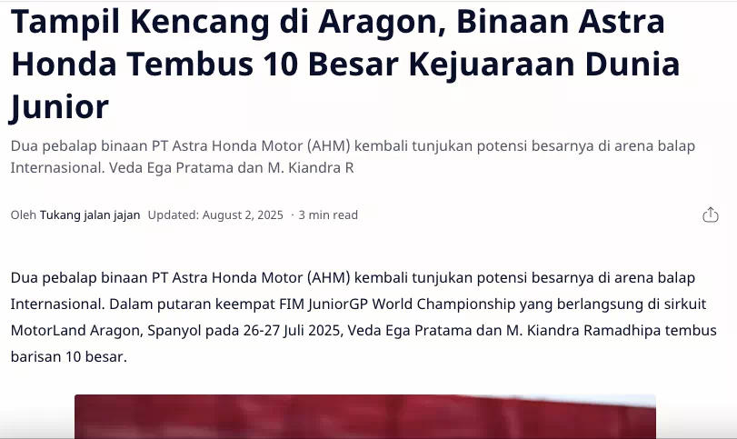 Tampil Kencang di Aragon, Binaan Astra Honda Tembus 10 Besar Kejuaraan Dunia Junior