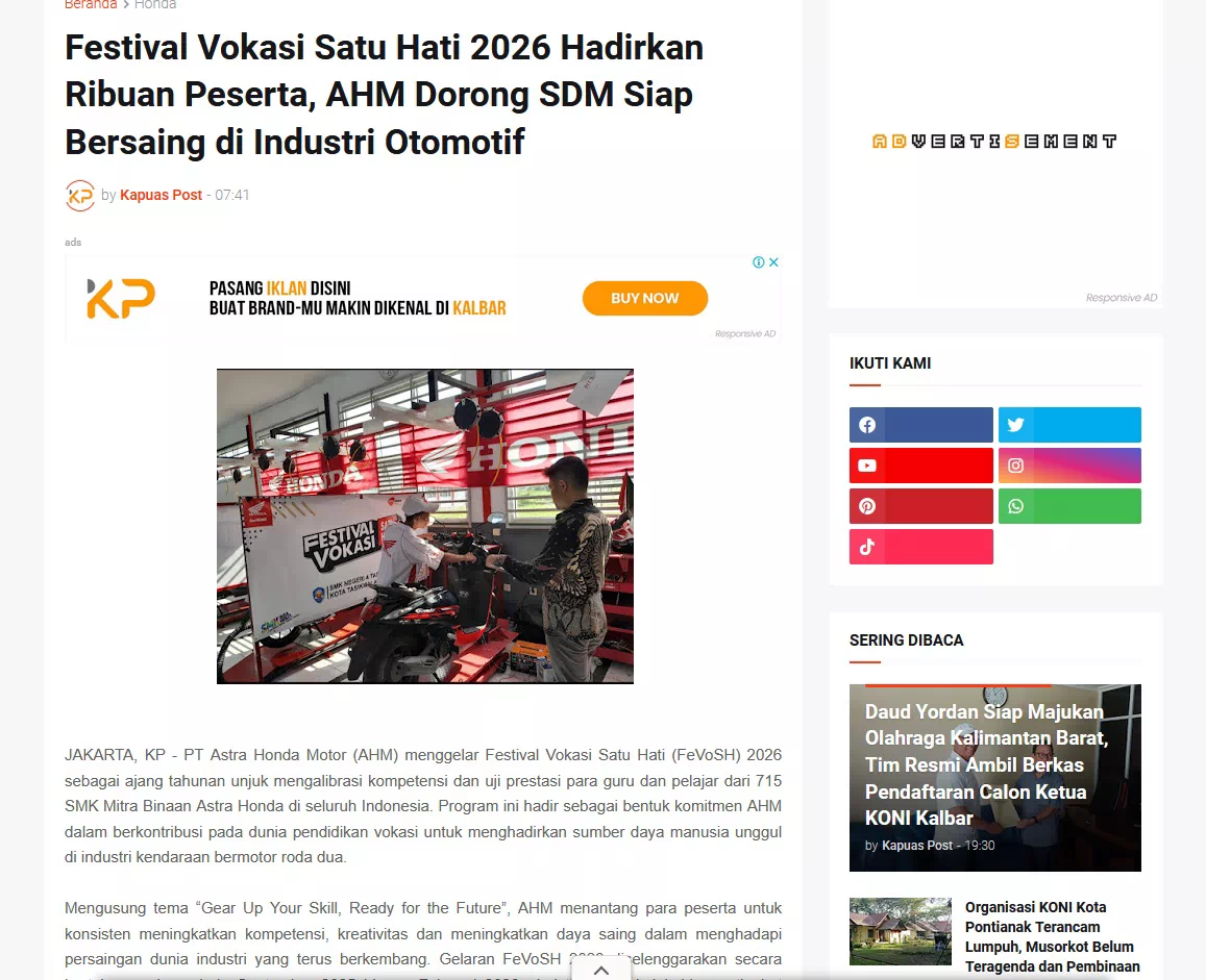 Festival Vokasi Satu Hati 2026 Hadirkan Ribuan Peserta, AHM Dorong SDM Siap Bersaing di Industri Otomotif