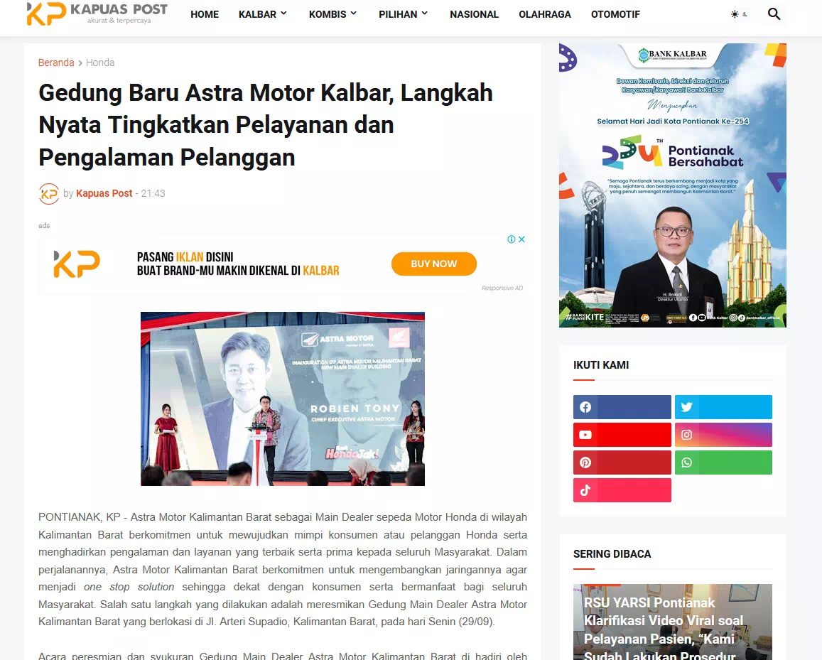 Gedung Baru Astra Motor Kalbar, Langkah Nyata Tingkatkan Pelayanan dan Pengalaman Pelanggan