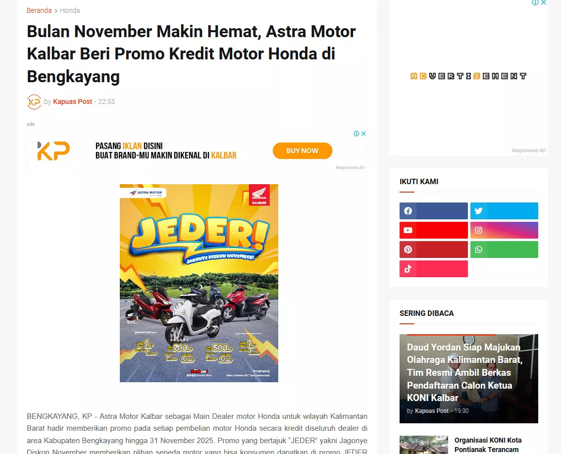 Bulan November Makin Hemat, Astra Motor Kalbar Beri Promo Kredit Motor Honda di Bengkayang