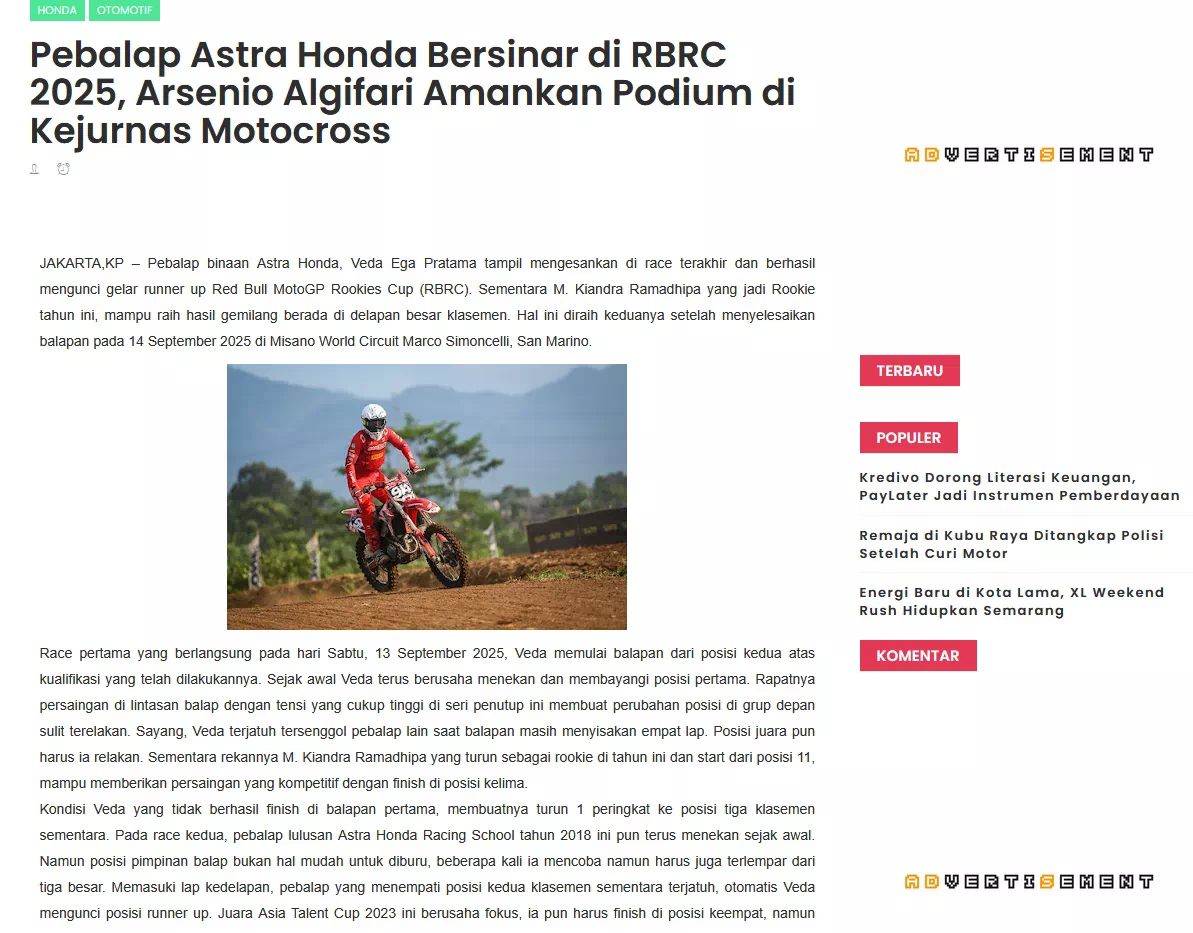 Pebalap Astra Honda Bersinar di RBRC 2025, Arsenio Algifari Amankan Podium di Kejurnas Motocross