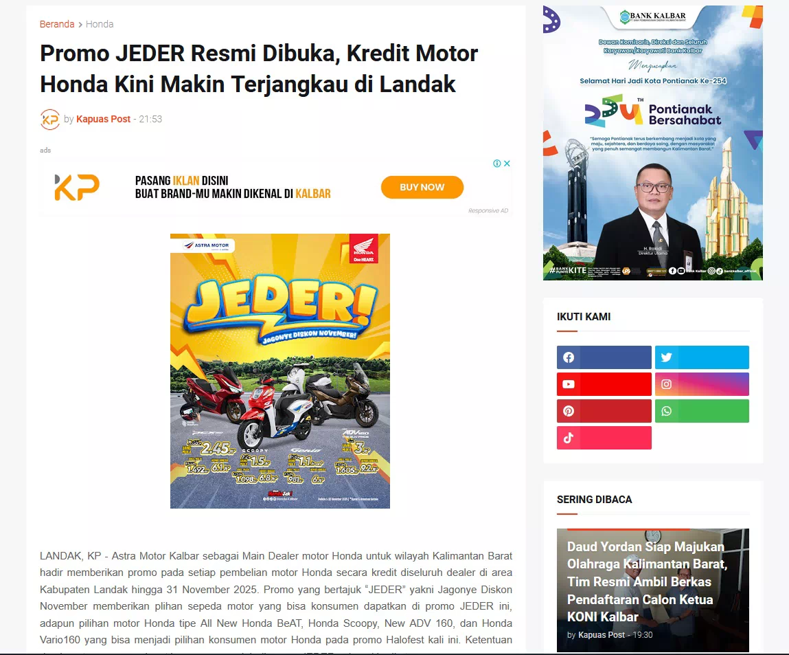 Promo JEDER Resmi Dibuka, Kredit Motor Honda Kini Makin Terjangkau di Landak