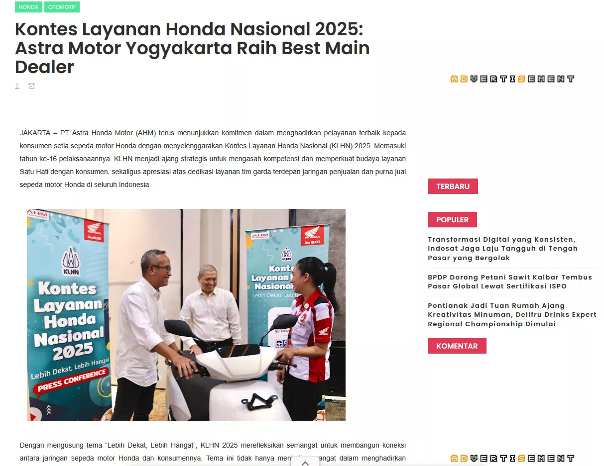 Kontes Layanan Honda Nasional 2025: Astra Motor Yogyakarta Raih Best Main Dealer