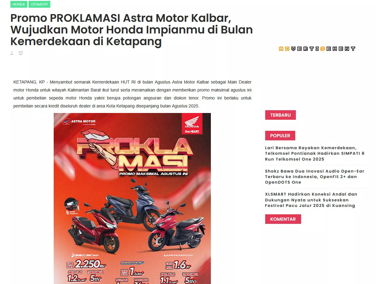 Promo PROKLAMASI Astra Motor Kalbar, Wujudkan Motor Honda Impianmu di Bulan Kemerdekaan di Ketapang