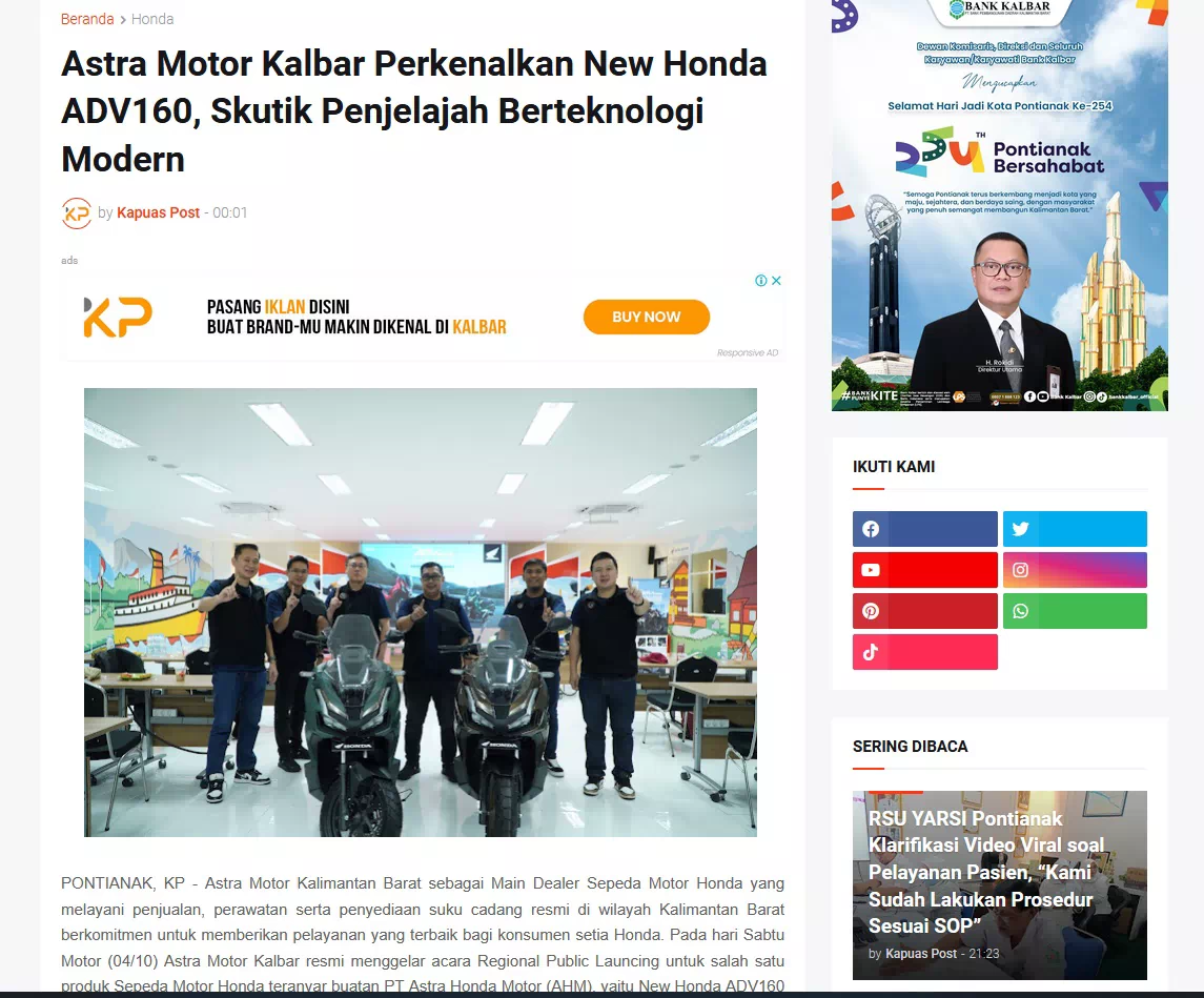 Astra Motor Kalbar Perkenalkan New Honda ADV160, Skutik Penjelajah Berteknologi Modern