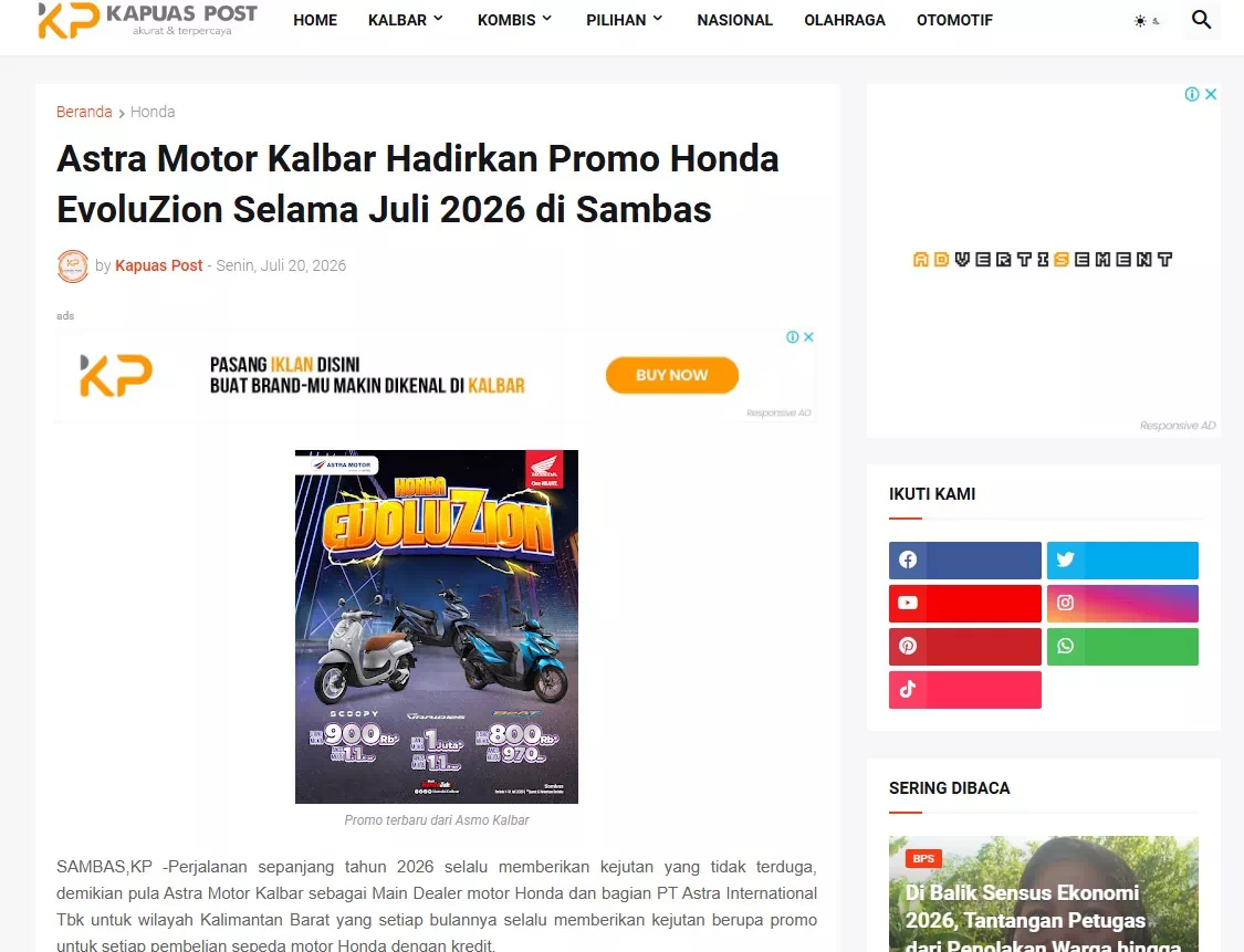 Astra Motor Kalbar Hadirkan Promo Honda EvoluZion Selama Juli 2026 di Sambas