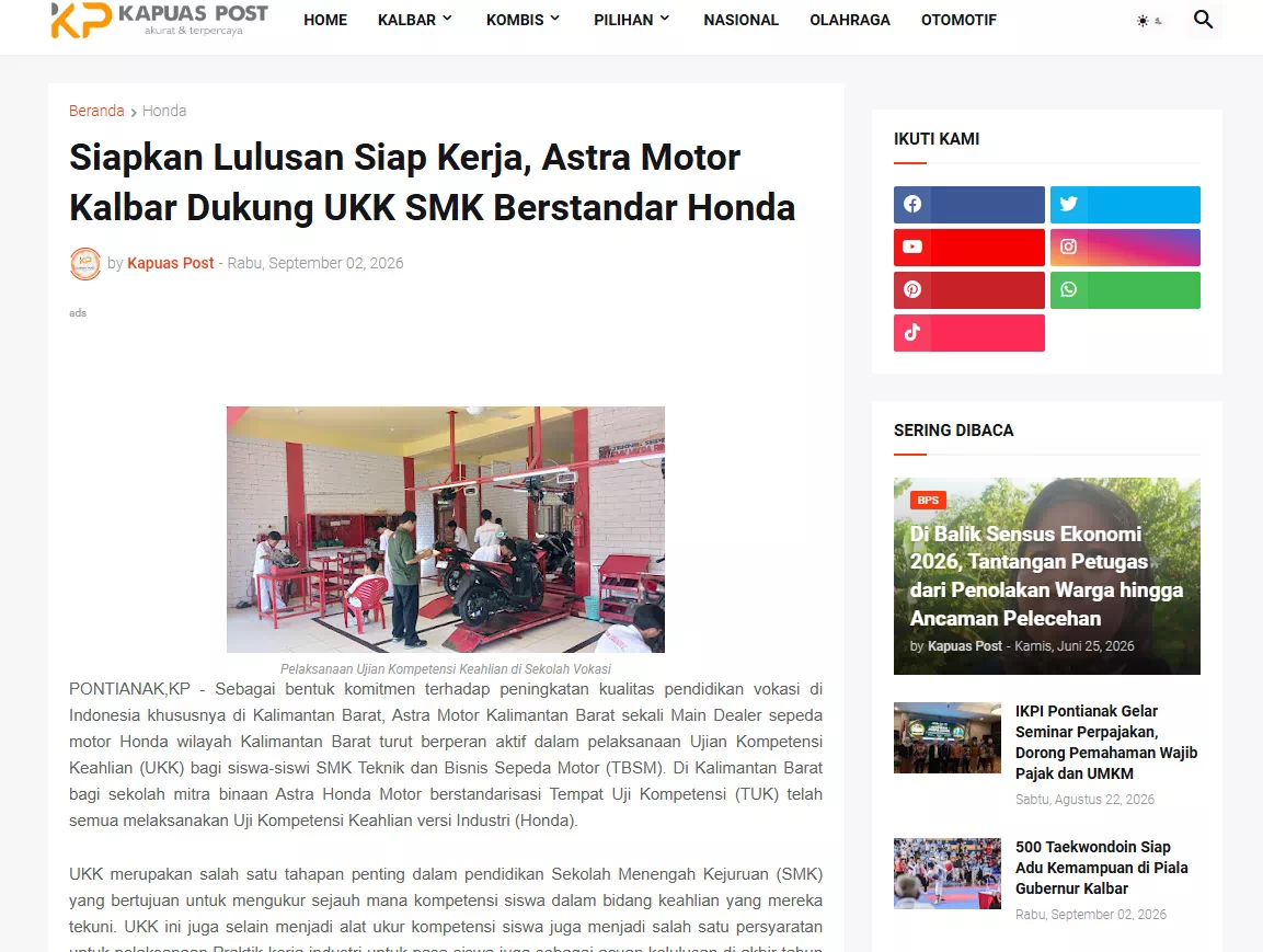 Siapkan Lulusan Siap Kerja, Astra Motor Kalbar Dukung UKK SMK Berstandar Honda