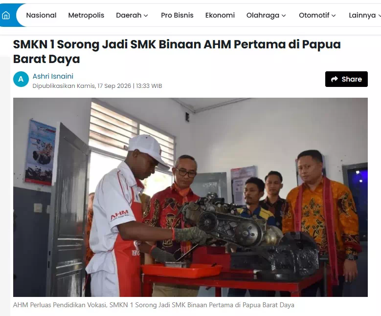SMKN 1 Sorong Jadi SMK Binaan AHM Pertama di Papua Barat Daya