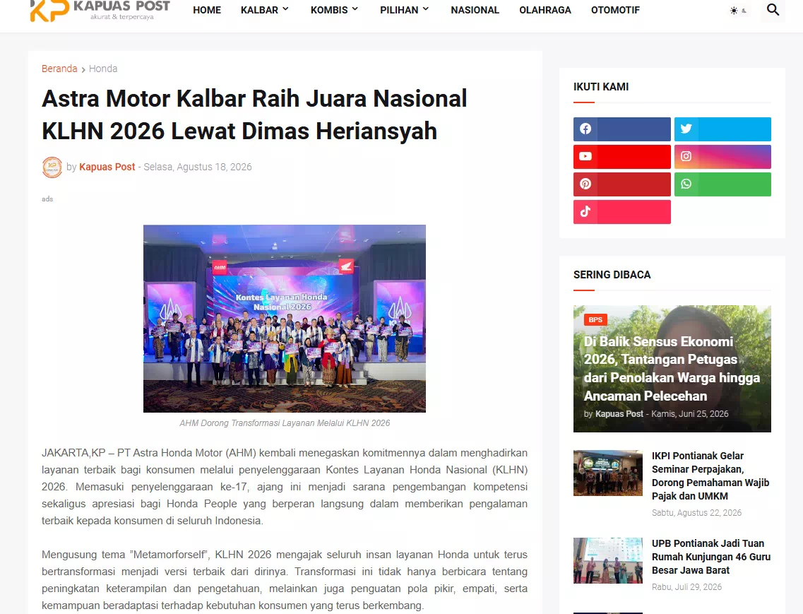 Astra Motor Kalbar Raih Juara Nasional KLHN 2026 Lewat Dimas Heriansyah