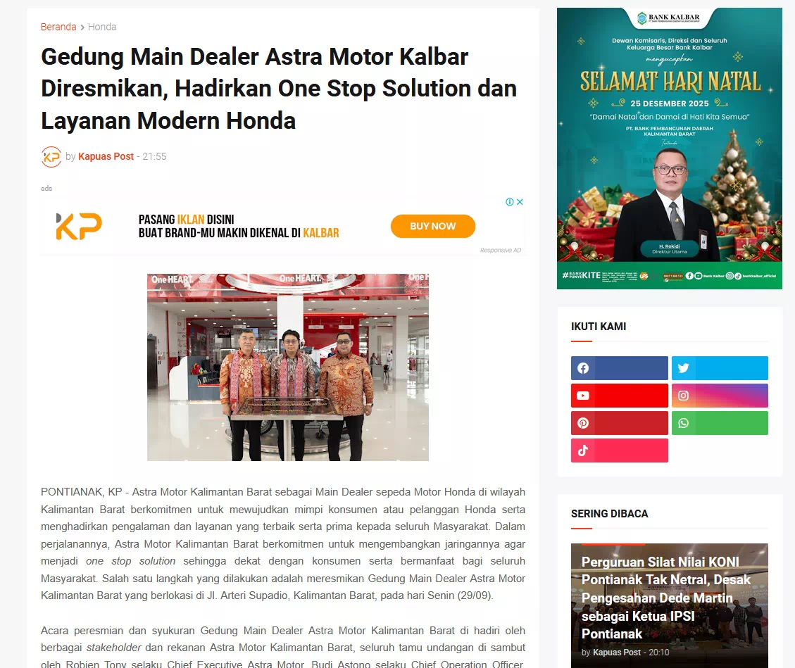 Gedung Main Dealer Astra Motor Kalbar Diresmikan, Hadirkan One Stop Solution dan Layanan Modern Honda