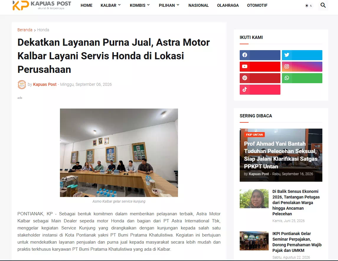 Dekatkan Layanan Purna Jual, Astra Motor Kalbar Layani Servis Honda di Lokasi Perusahaan