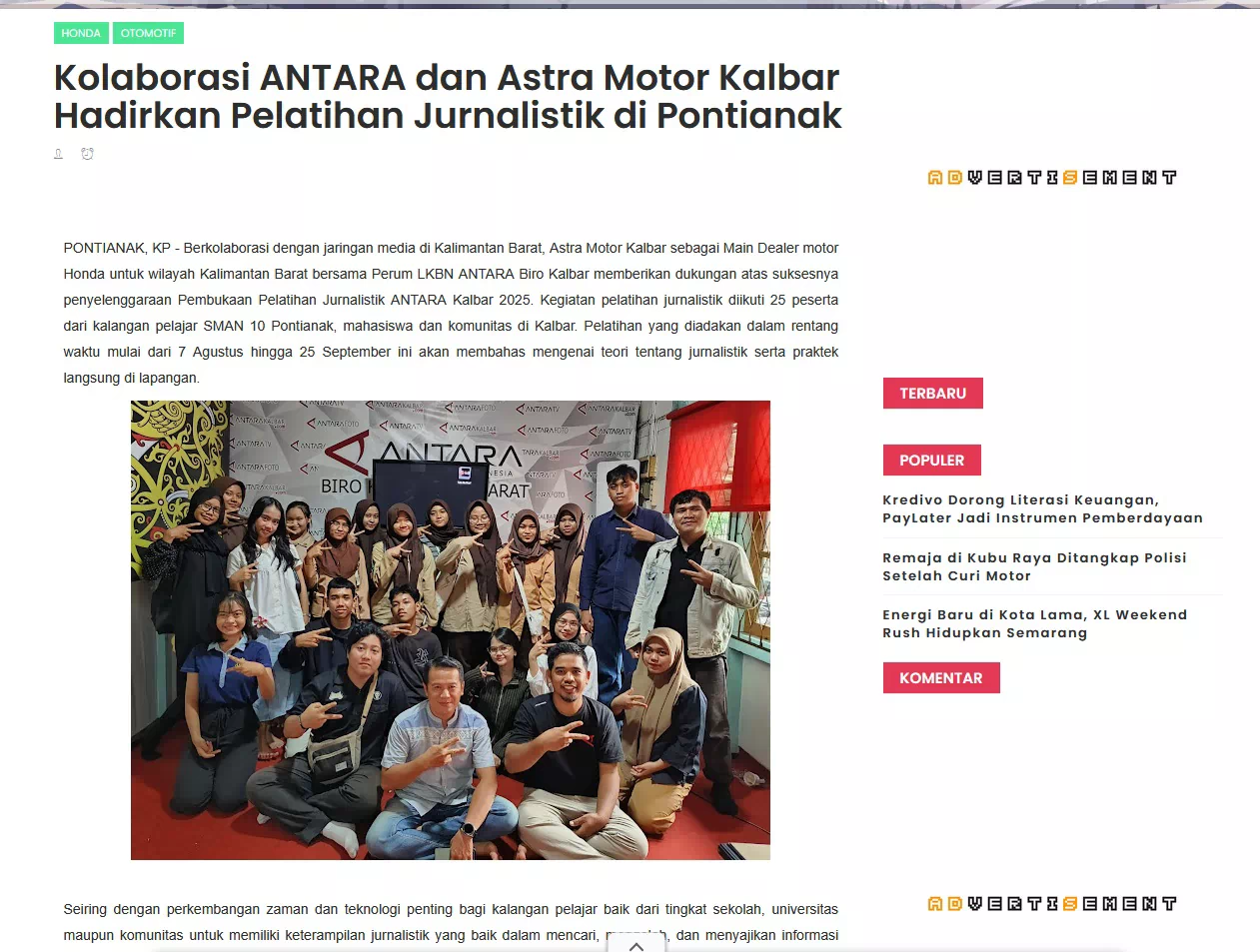 Kolaborasi ANTARA dan Astra Motor Kalbar Hadirkan Pelatihan Jurnalistik di Pontianak