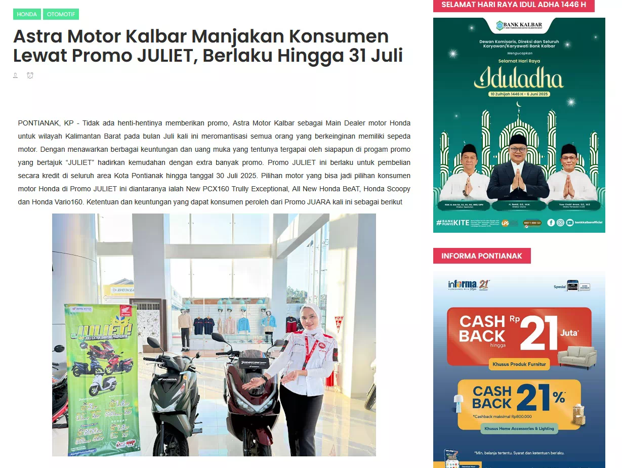 Astra Motor Kalbar Manjakan Konsumen Lewat Promo JULIET, Berlaku Hingga 31 Juli