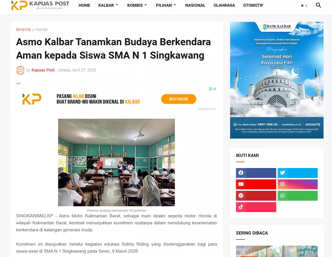 Asmo Kalbar Tanamkan Budaya Berkendara Aman kepada Siswa SMA N 1 Singkawang