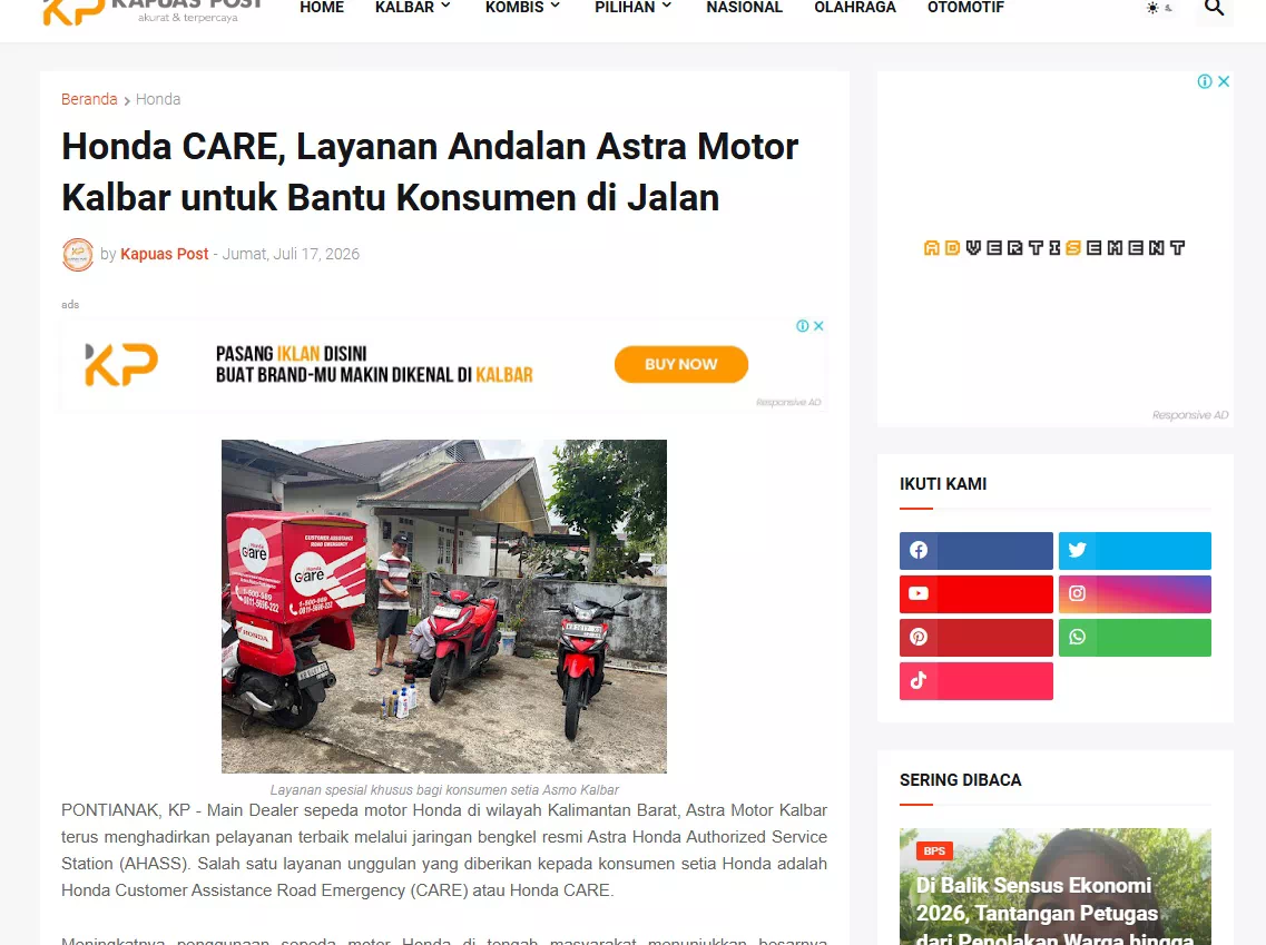 Honda CARE, Layanan Andalan Astra Motor Kalbar untuk Bantu Konsumen di Jalan