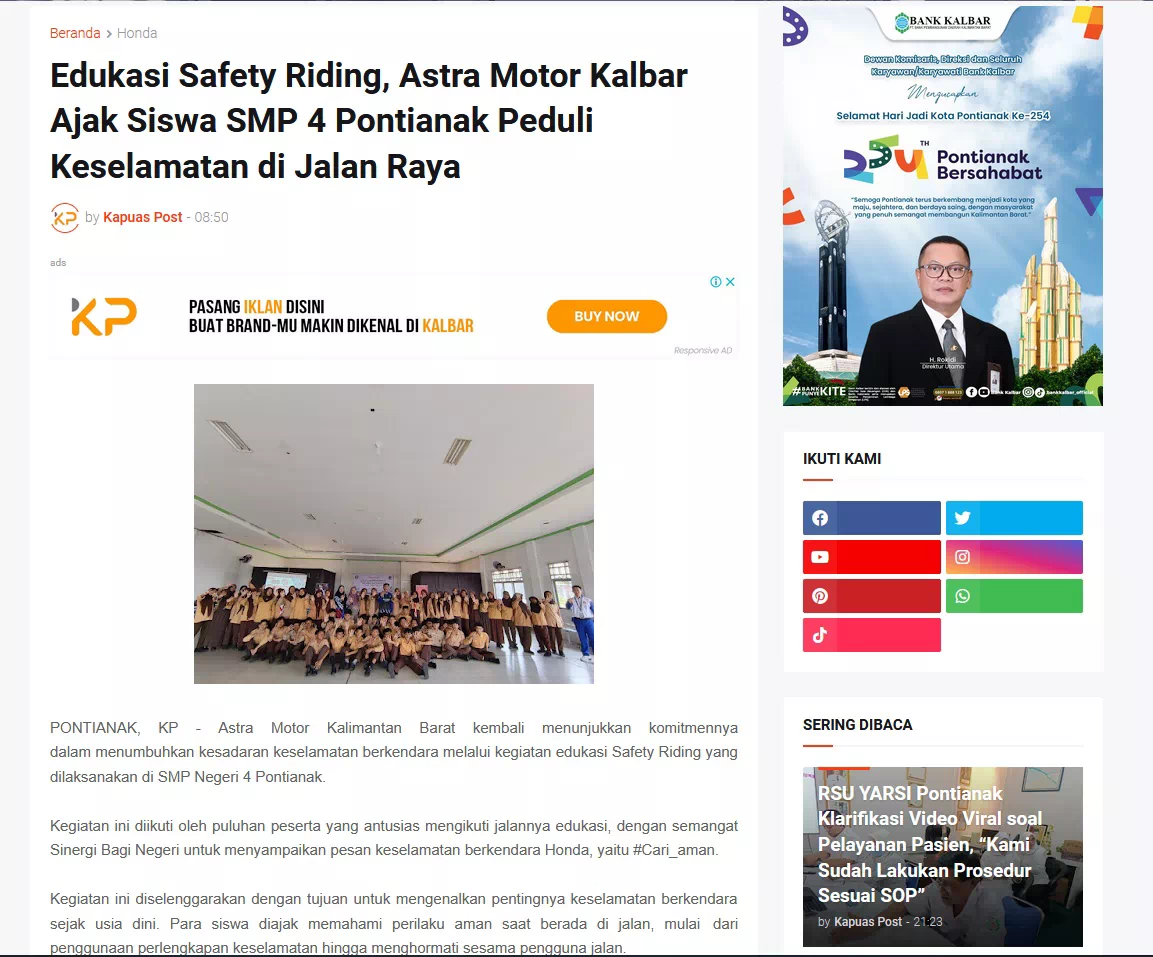 Edukasi Safety Riding, Astra Motor Kalbar Ajak Siswa SMP 4 Pontianak Peduli Keselamatan di Jalan Raya