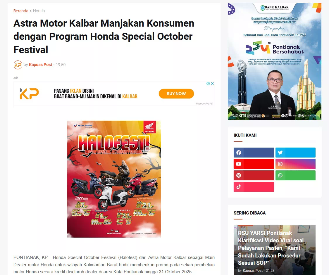 Astra Motor Kalbar Manjakan Konsumen dengan Program Honda Special October Festival