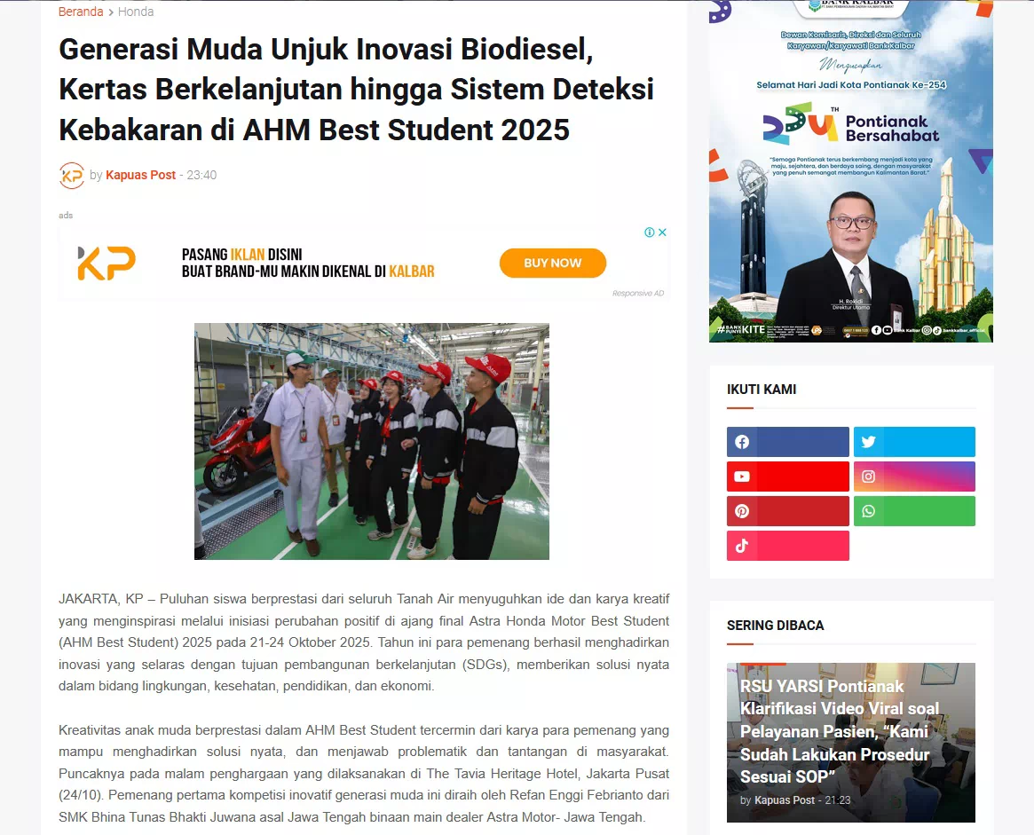 Generasi Muda Unjuk Inovasi Biodiesel, Kertas Berkelanjutan hingga Sistem Deteksi Kebakaran di AHM Best Student 2025