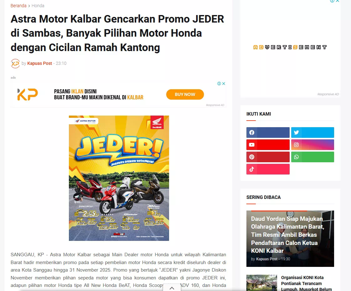 Astra Motor Kalbar Gencarkan Promo JEDER di Sambas, Banyak Pilihan Motor Honda dengan Cicilan Ramah Kantong