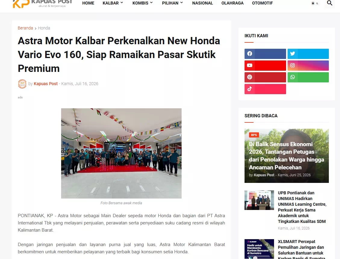 Astra Motor Kalbar Perkenalkan New Honda Vario Evo 160, Siap Ramaikan Pasar Skutik Premium