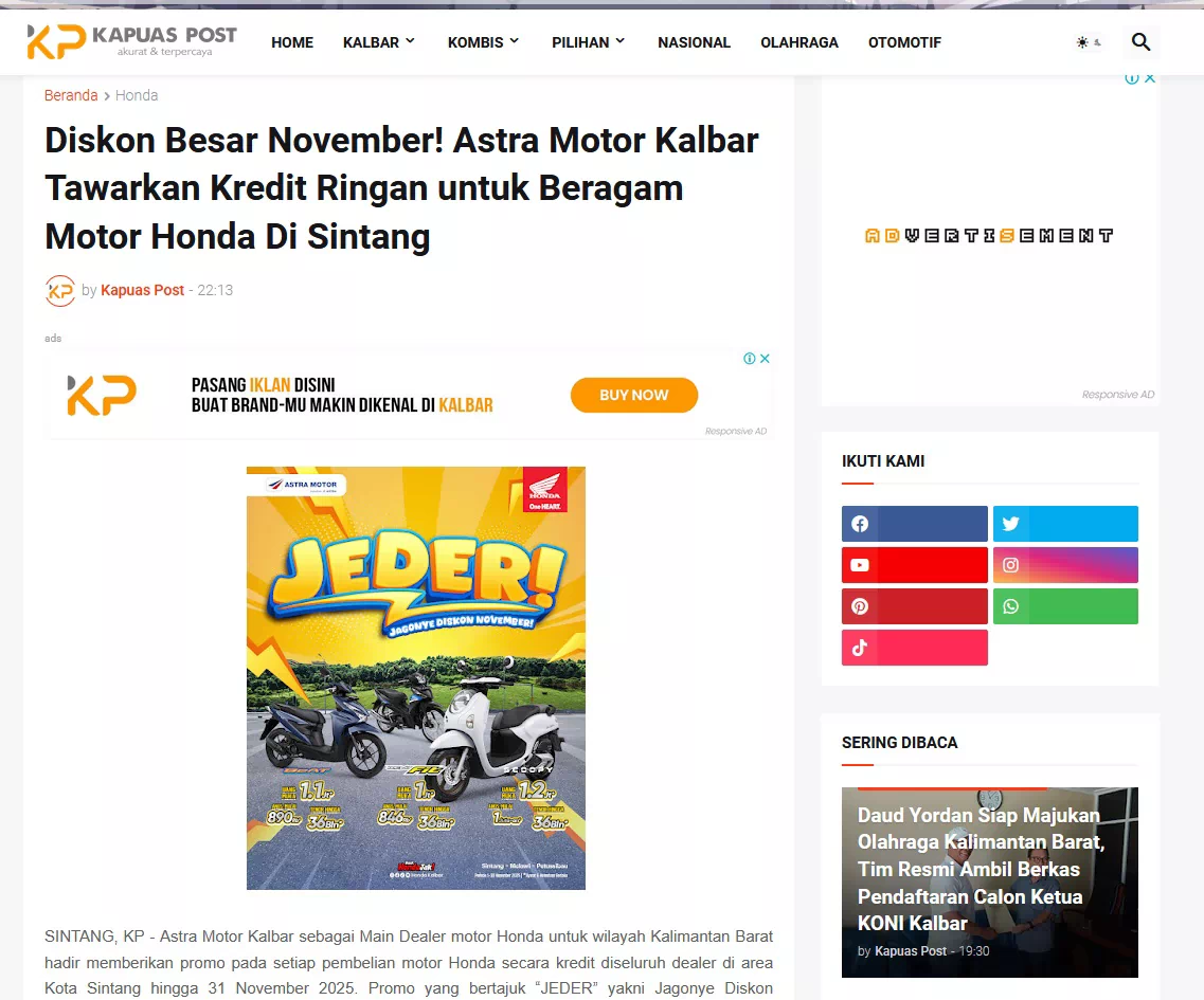 Diskon Besar November! Astra Motor Kalbar Tawarkan Kredit Ringan untuk Beragam Motor Honda Di Sintang