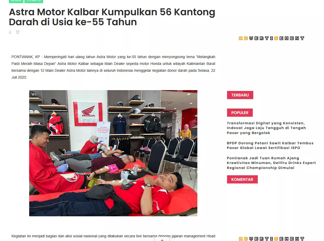Astra Motor Kalbar Kumpulkan 56 Kantong Darah di Usia ke-55 Tahun