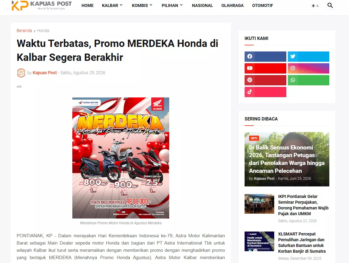 Waktu Terbatas, Promo MERDEKA Honda di Kalbar Segera Berakhir