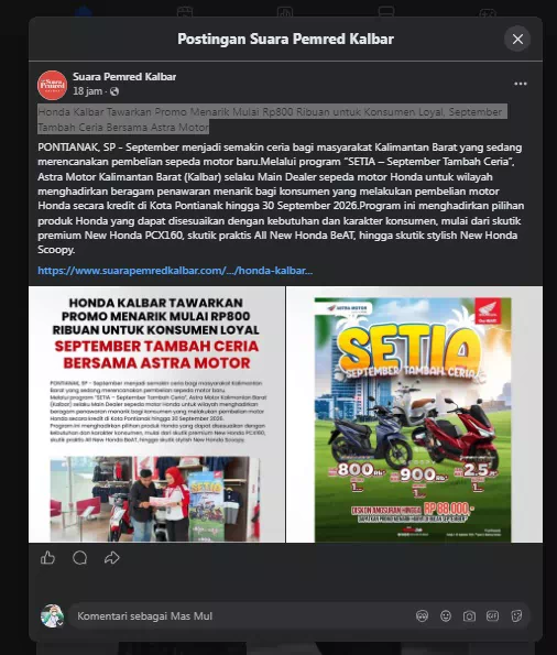Honda Kalbar Tawarkan Promo Menarik Mulai Rp800 Ribuan untuk Konsumen Loyal, September Tambah Ceria Bersama Astra Motor