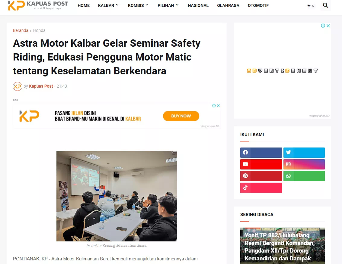 Astra Motor Kalbar Gelar Seminar Safety Riding, Edukasi Pengguna Motor Matic tentang Keselamatan Berkendara