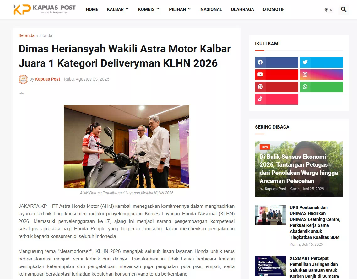 Dimas Heriansyah Wakili Astra Motor Kalbar Juara 1 Kategori Deliveryman KLHN 2026