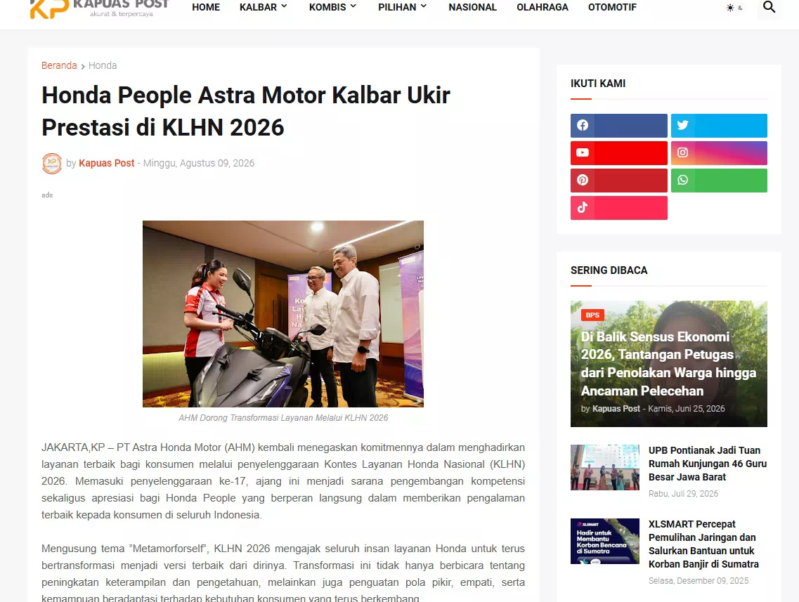Honda People Astra Motor Kalbar Ukir Prestasi di KLHN 2026