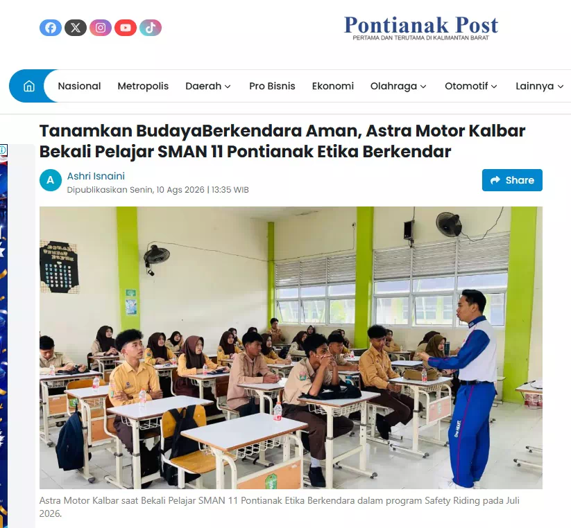 Tanamkan BudayaBerkendara Aman, Astra Motor Kalbar Bekali Pelajar SMAN 11 Pontianak Etika Berkendar
