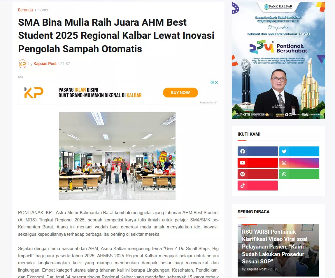 SMA Bina Mulia Raih Juara AHM Best Student 2025 Regional Kalbar Lewat Inovasi Pengolah Sampah Otomatis