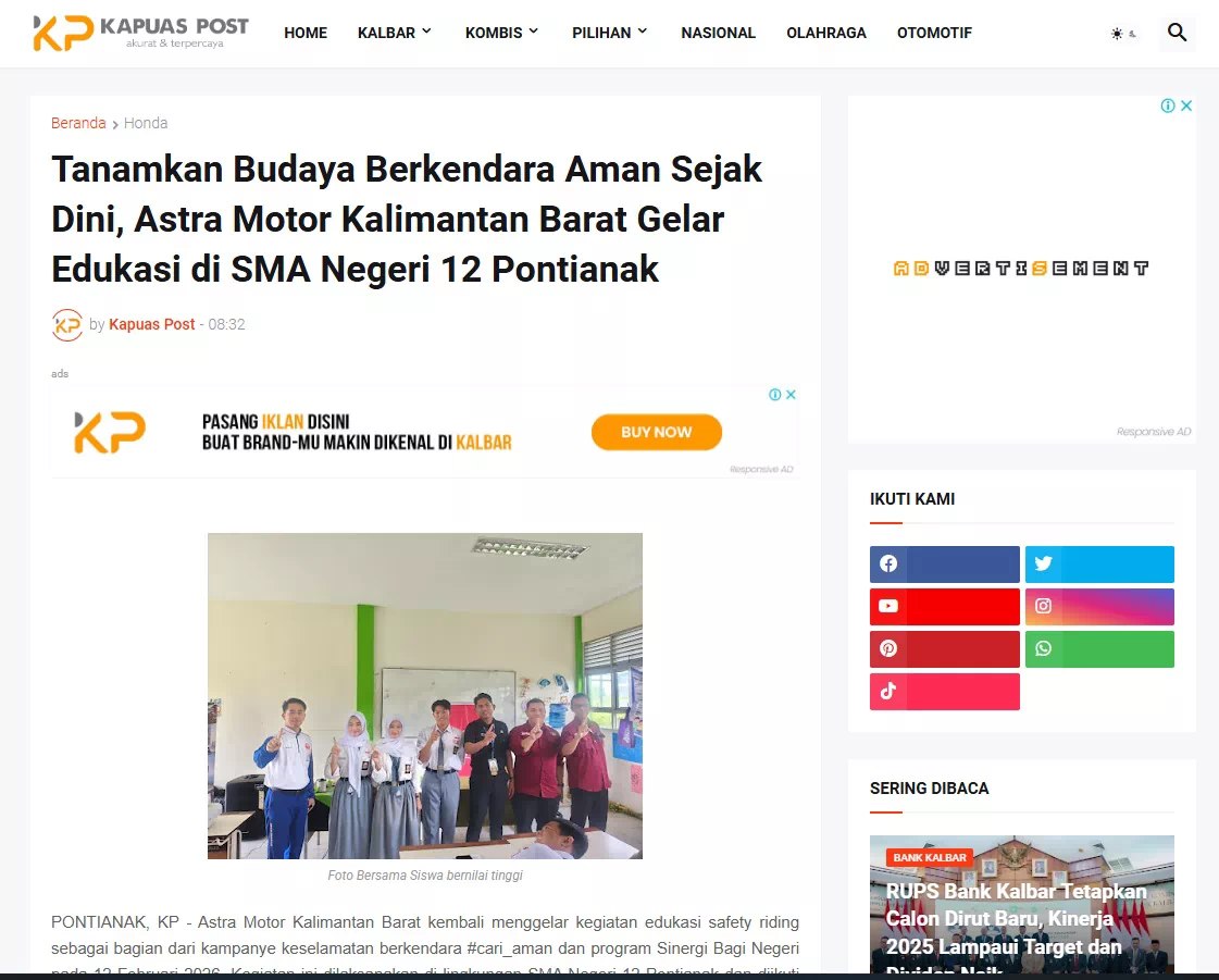 Tanamkan Budaya Berkendara Aman Sejak Dini, Astra Motor Kalimantan Barat Gelar Edukasi di SMA Negeri 12 Pontianak