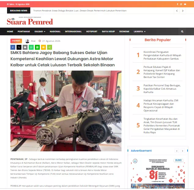 SMKS Bahtera Jagoy Babang Sukses Gelar Ujian Kompetensi Keahlian Lewat Dukungan Astra Motor Kalbar untuk Cetak Lulusan Terbaik Sekolah Binaan