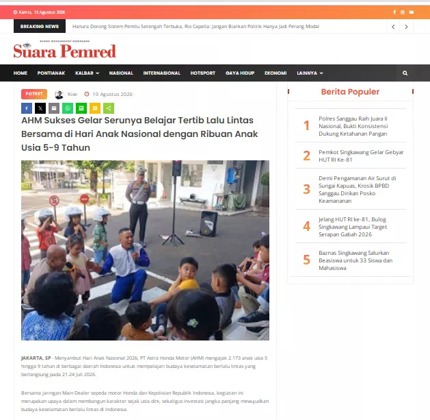 AHM Sukses Gelar Serunya Belajar Tertib Lalu Lintas Bersama di Hari Anak Nasional dengan Ribuan Anak Usia 5-9 Tahun