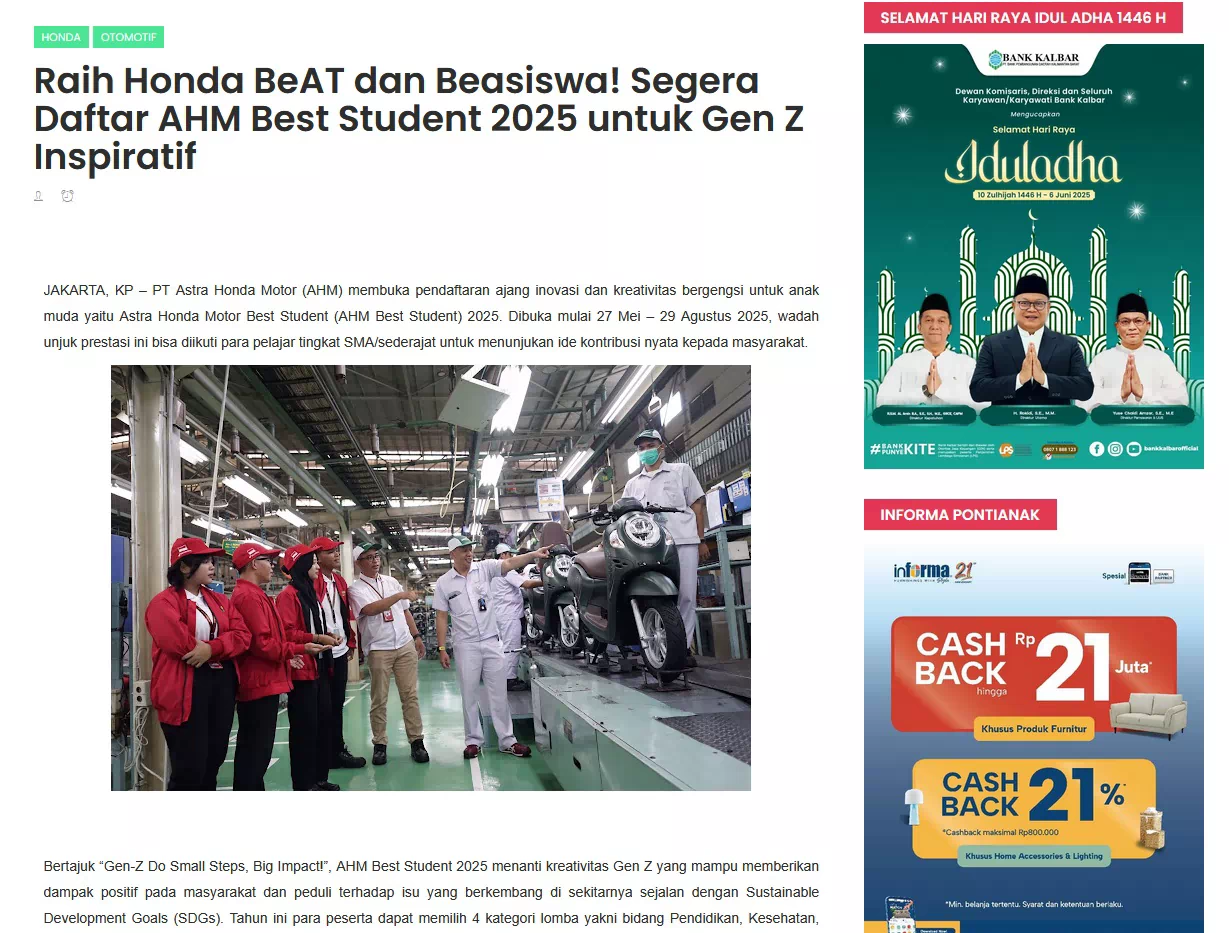 Raih Honda BeAT dan Beasiswa! Segera Daftar AHM Best Student 2025 untuk Gen Z Inspiratif