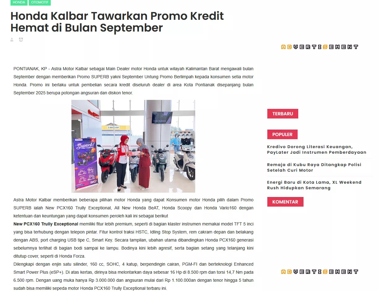 Honda Kalbar Tawarkan Promo Kredit Hemat di Bulan September