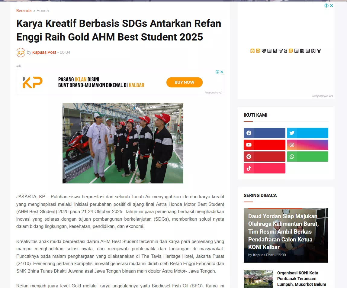Karya Kreatif Berbasis SDGs Antarkan Refan Enggi Raih Gold AHM Best Student 2025