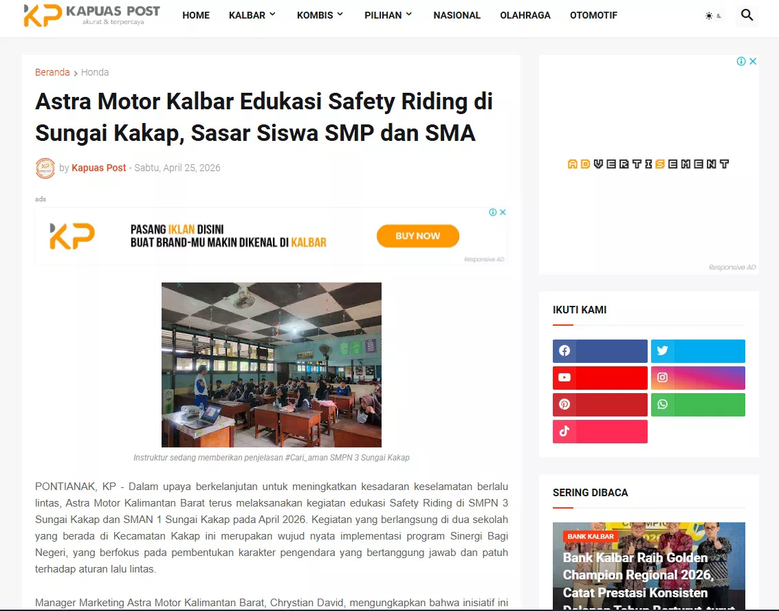 Astra Motor Kalbar Edukasi Safety Riding di Sungai Kakap, Sasar Siswa SMP dan SMA