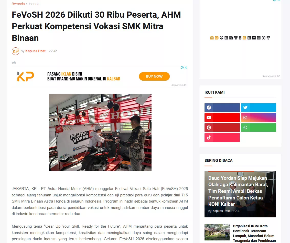 FeVoSH 2026 Diikuti 30 Ribu Peserta, AHM Perkuat Kompetensi Vokasi SMK Mitra Binaan