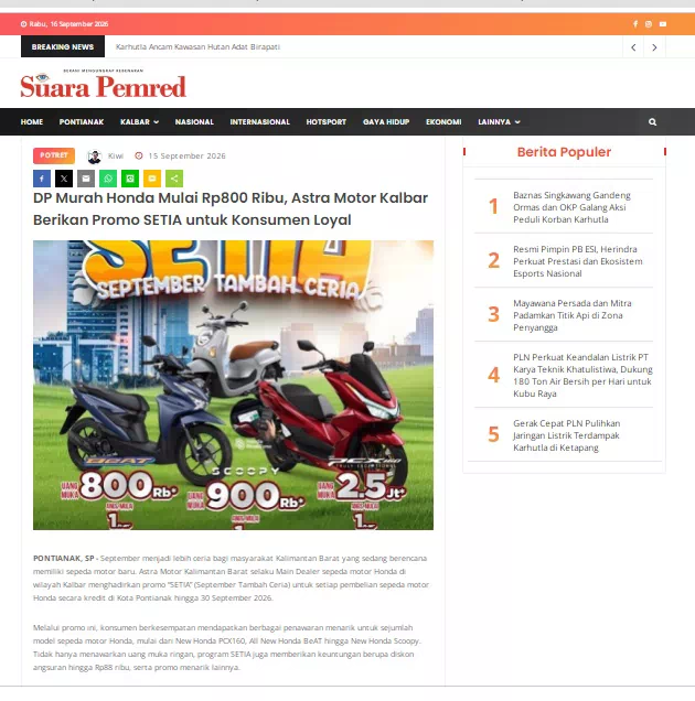 DP Murah Honda Mulai Rp800 Ribu, Astra Motor Kalbar Berikan Promo SETIA untuk Konsumen Loyal