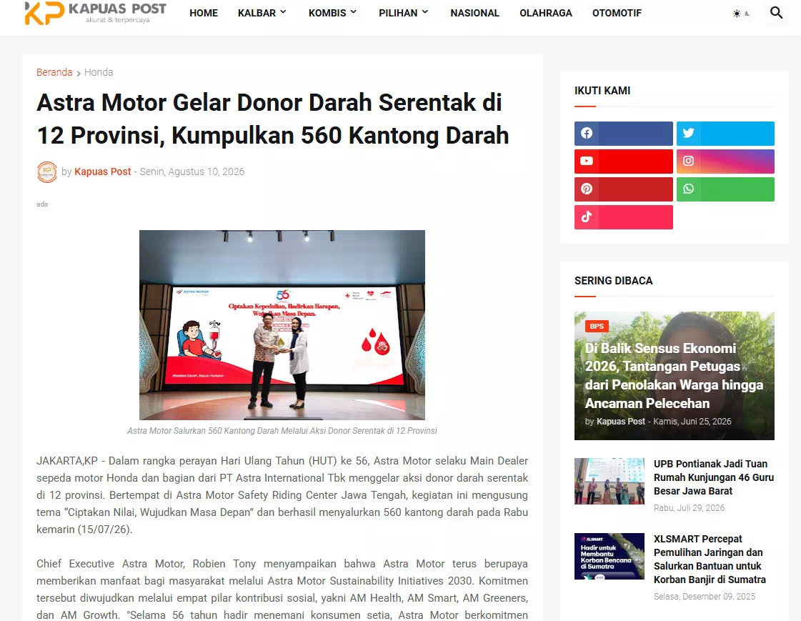 Astra Motor Gelar Donor Darah Serentak di 12 Provinsi, Kumpulkan 560 Kantong Darah