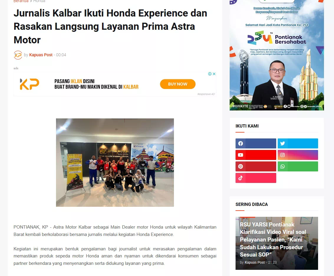 Jurnalis Kalbar Ikuti Honda Experience dan Rasakan Langsung Layanan Prima Astra Motor