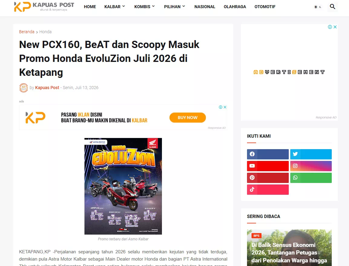 New PCX160, BeAT dan Scoopy Masuk Promo Honda EvoluZion Juli 2026 di Ketapang