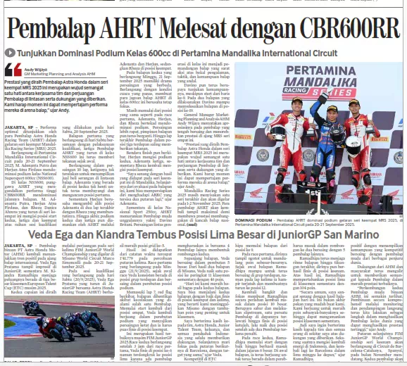 Veda Ega dan Kiandra Tembus Posisi Lima Besar di JuniorGP San Marino