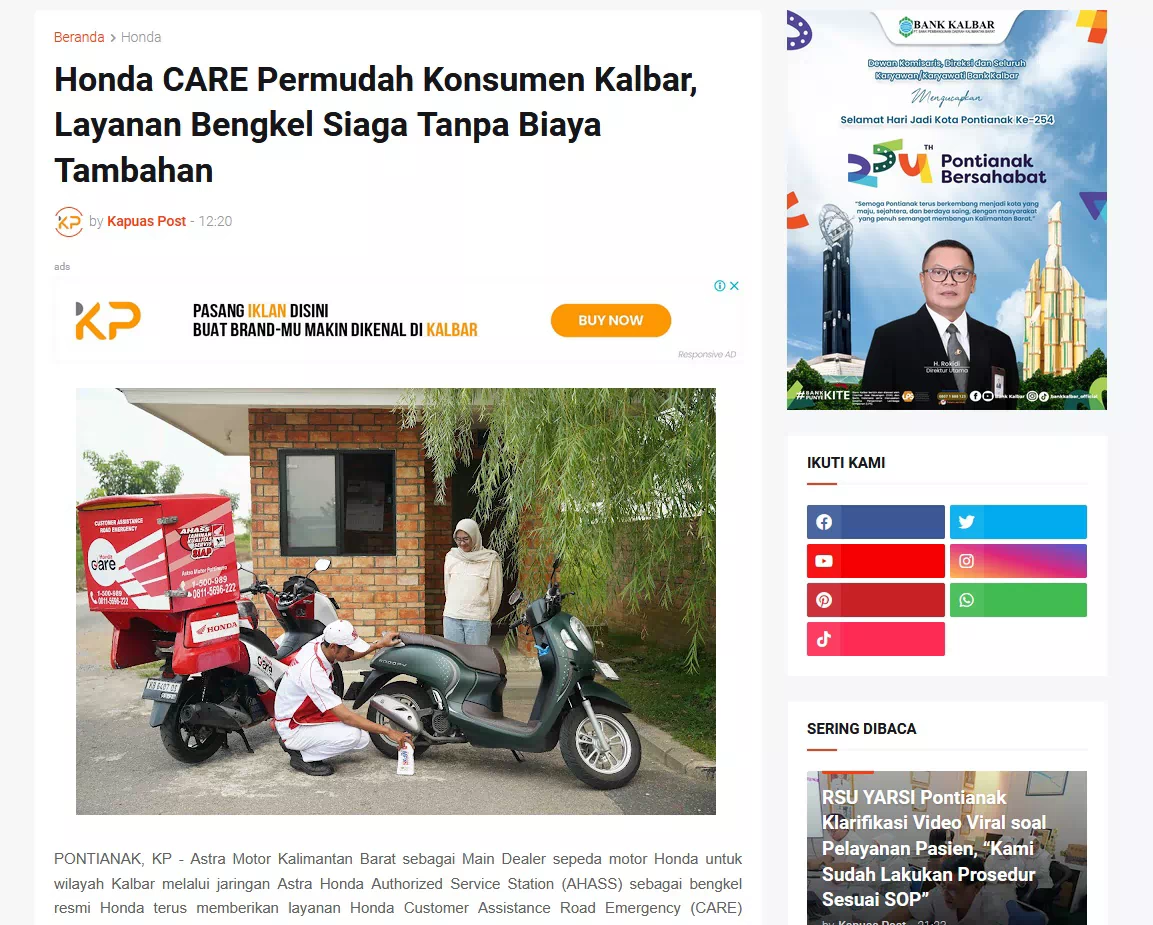 Honda CARE Permudah Konsumen Kalbar, Layanan Bengkel Siaga Tanpa Biaya Tambahan
