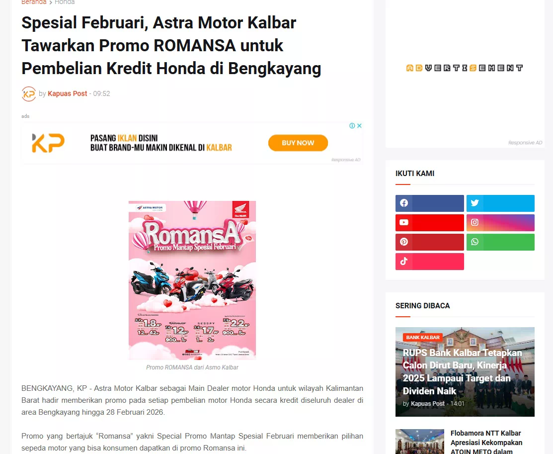 Spesial Februari, Astra Motor Kalbar Tawarkan Promo ROMANSA untuk Pembelian Kredit Honda di Bengkayang