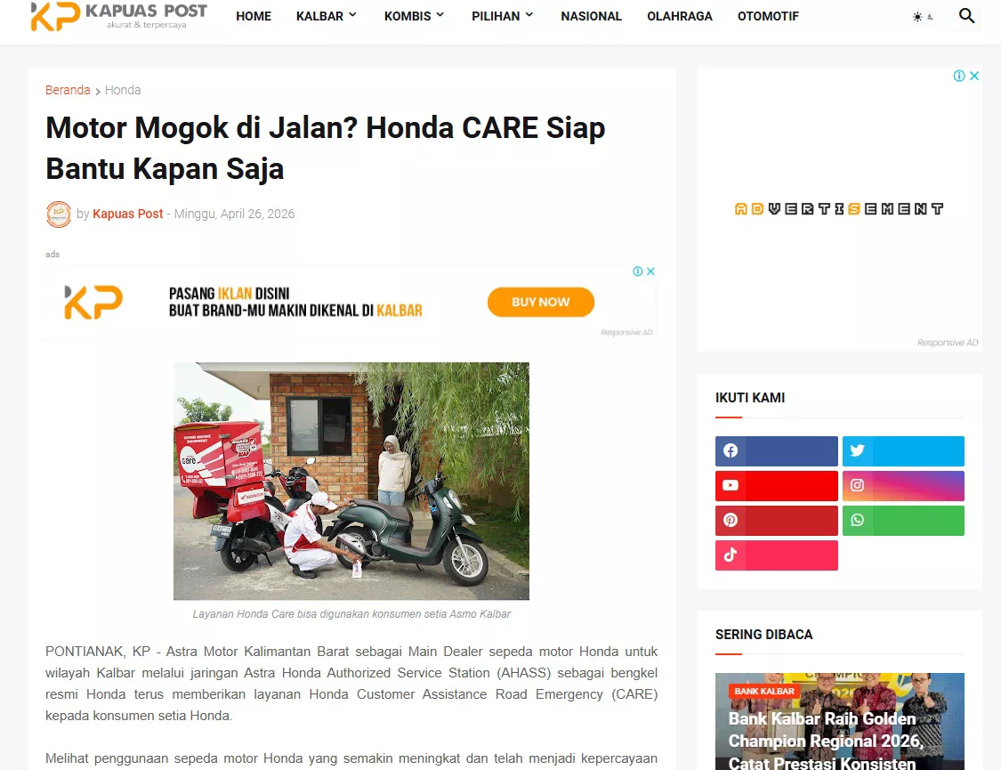 Motor Mogok di Jalan? Honda CARE Siap Bantu Kapan Saja