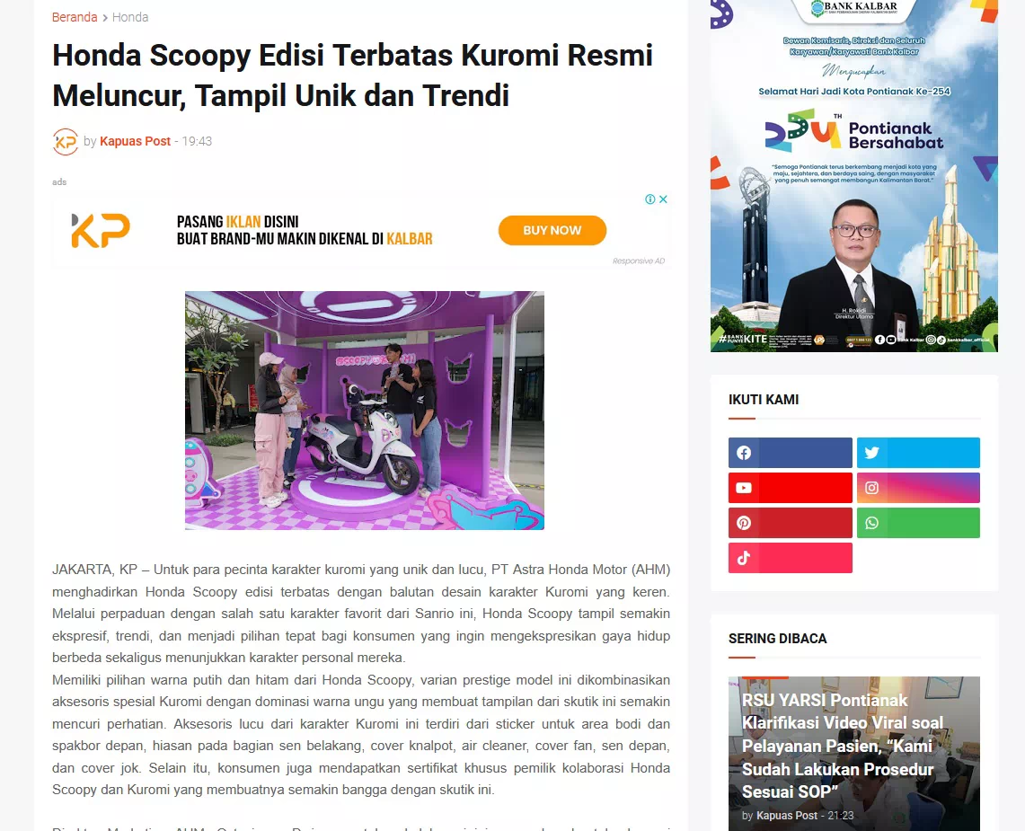 Honda Scoopy Edisi Terbatas Kuromi Resmi Meluncur, Tampil Unik dan Trendi